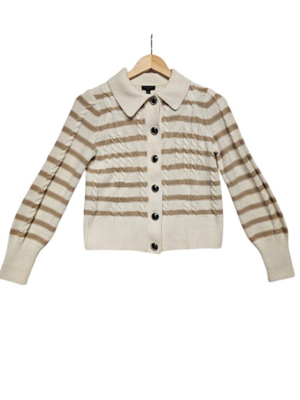 Talbots Petite Cream Tan Striped Cable Knit Button Cardigan XSP Coastal Grandma